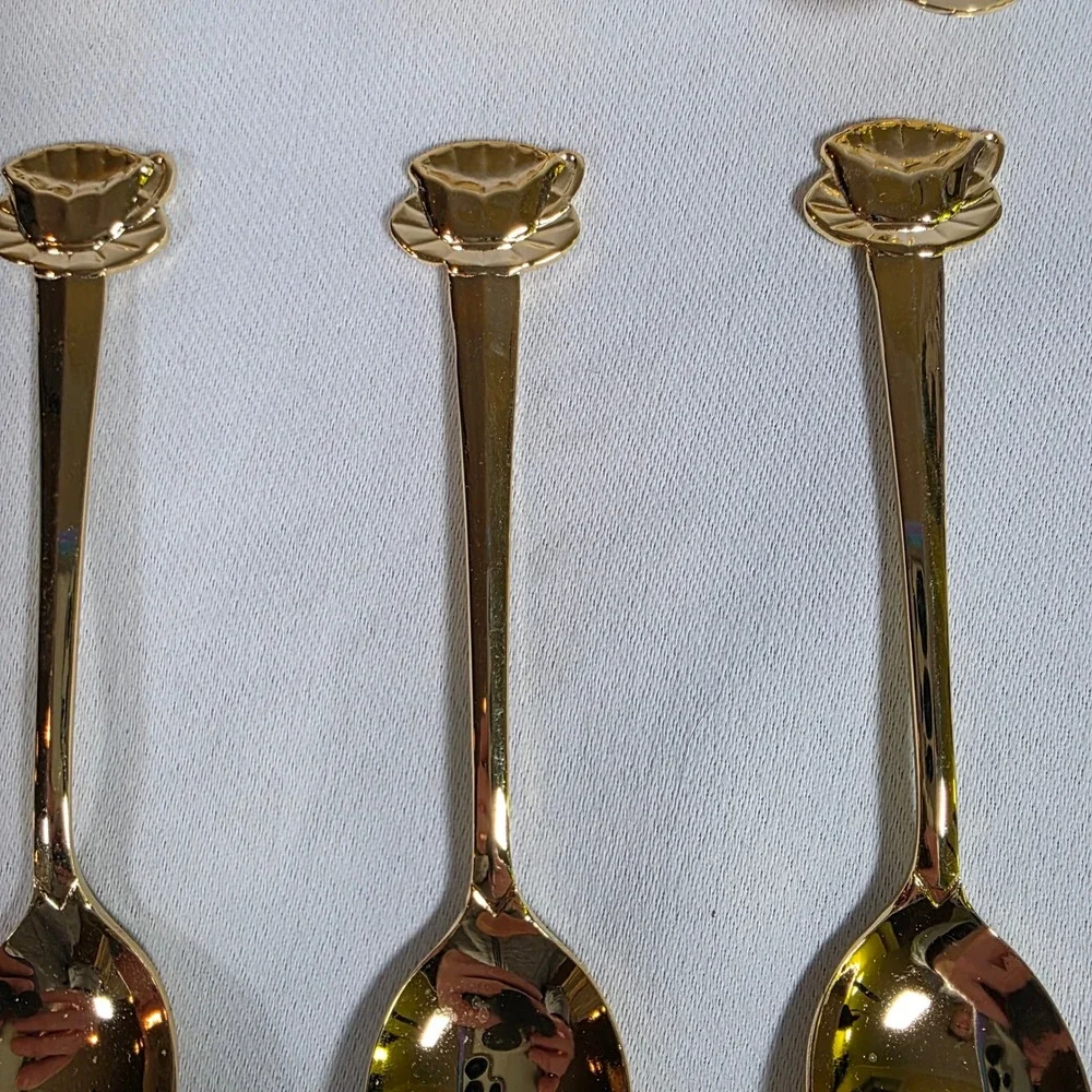 Vintage HIC Japan Gold-tone Stainless Teapot Teacup Demitasse Spoons Set of 8